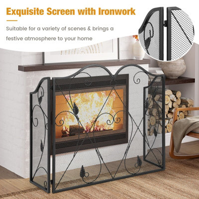 Costway 3-Panel Fireplace Screen Foldable Metal Mesh Fire Spark Guard Freestanding Safe - 6