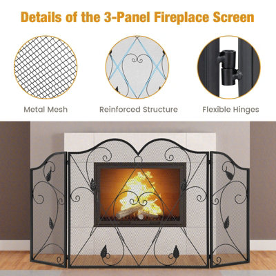 Costway 3-Panel Fireplace Screen Foldable Metal Mesh Fire Spark Guard Freestanding Safe - 9