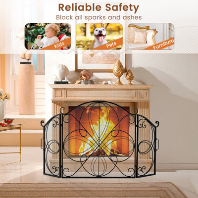 Costway 3-Panel Fireplace Screen Foldable Spark Guard Metal Mesh Fire Freestanding Safe - 7