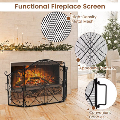 Costway 3-Panel Fireplace Screen Foldable Spark Guard Metal Mesh Fire Freestanding Safe - 9