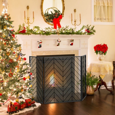 Costway 3-Panel Fireplace Screen Foldable Wrought Metal Iron Mesh Fire Spark Guard - 3