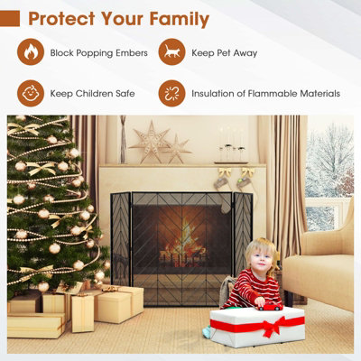Costway 3-Panel Fireplace Screen Foldable Wrought Metal Iron Mesh Fire Spark Guard - 8