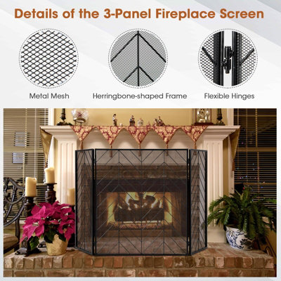 Costway 3-Panel Fireplace Screen Foldable Wrought Metal Iron Mesh Fire Spark Guard - 9