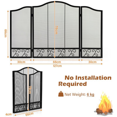 Costway 3-Panel Fireplace Screen Folding Decorative Spark Guard Freestanding Safe Fence