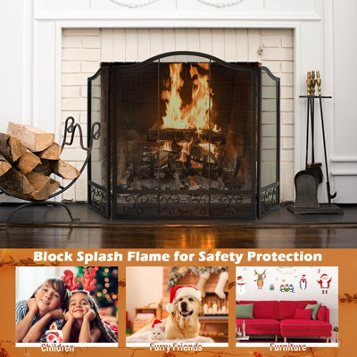 Costway 3-Panel Fireplace Screen Folding Decorative Spark Guard Freestanding Safe Fence - 6