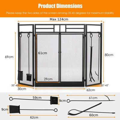 Costway 3-Panel Fireplace Screen w/Fireplace Tool Set Spark Guard Freestanding