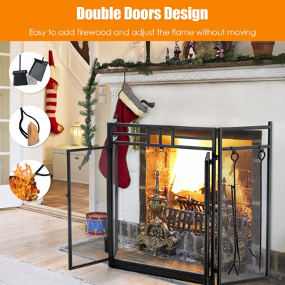 Costway 3-Panel Fireplace Screen w/Fireplace Tool Set Spark Guard Freestanding - 4