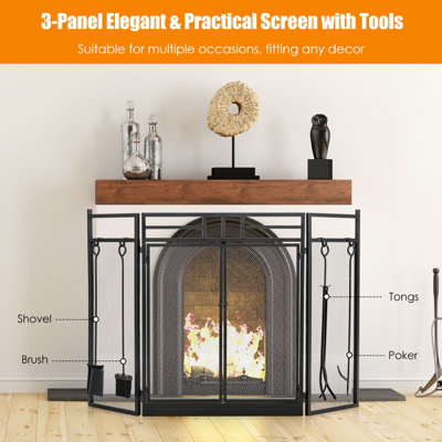 Costway 3-Panel Fireplace Screen w/Fireplace Tool Set Spark Guard Freestanding - 5