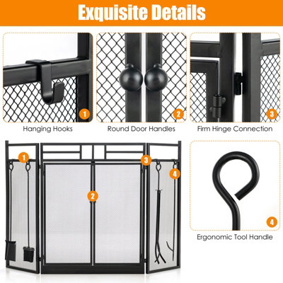 Costway 3-Panel Fireplace Screen w/Fireplace Tool Set Spark Guard Freestanding - 7