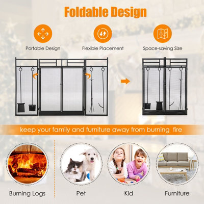 Costway 3-Panel Fireplace Screen w/Fireplace Tool Set Spark Guard Freestanding - 8