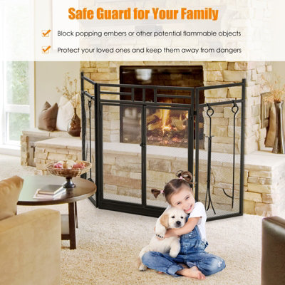 Costway 3-Panel Fireplace Screen w/Fireplace Tool Set Spark Guard Freestanding - 9