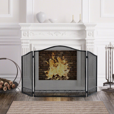 Costway 3 Panel Folding Fireplace Screen Metal Protective Mesh Fire Spark Fireguards - 3