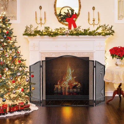 Costway 3 Panel Folding Fireplace Screen Metal Protective Mesh Fire Spark Fireguards - 5