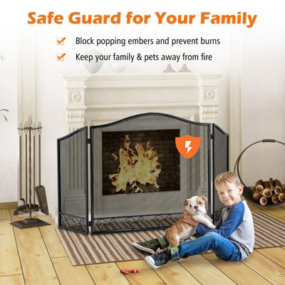 Costway 3 Panel Folding Fireplace Screen Metal Protective Mesh Fire Spark Fireguards - 6