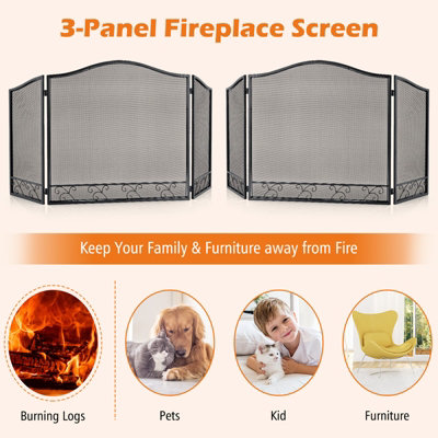 Costway 3 Panel Folding Fireplace Screen Metal Protective Mesh Fire Spark Fireguards - 8