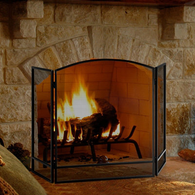 Costway 3 Panel Folding Fireplace Screen Wrought Iron Furnace Protector Fire Spark Guard - 3
