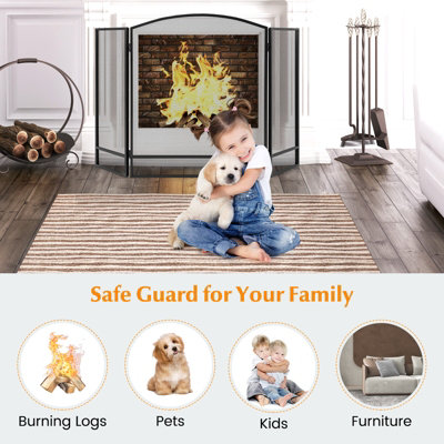 Costway 3 Panel Folding Fireplace Screen Wrought Iron Furnace Protector Fire Spark Guard - 6