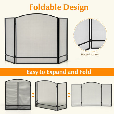 Costway 3 Panel Folding Fireplace Screen Wrought Iron Furnace Protector Fire Spark Guard - 7