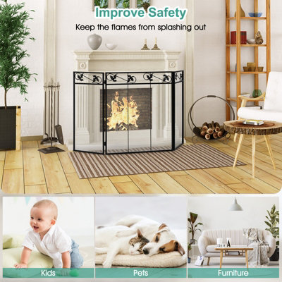 Costway 3-Panel Heat-Resistant Metal Mesh Fireplace Screen Folding Fire ...
