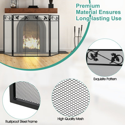 Costway 3-Panel Heat-Resistant Metal Mesh Fireplace Screen Folding Fire ...