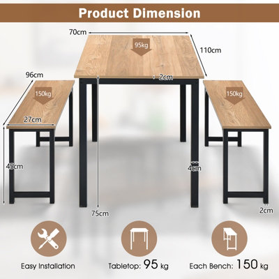 Costway 3 PCS Dining Table Set Space-Saving Kitchen Table Set w/2 Benches