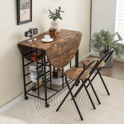 Costway 3 PCS Folding Dining Table Chair Set Drop Leaf Table w Storage Shelves