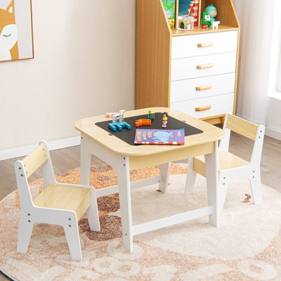 Costway 3 Pcs Kids Table and Chair Set Toddler Activity Writing Double-sized Tabletop