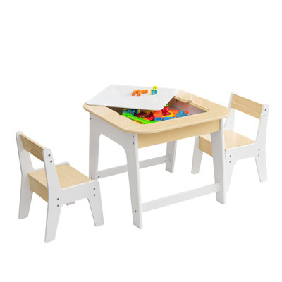 Costway 3 Pcs Kids Table and Chair Set Toddler Activity Writing Double-sized Tabletop