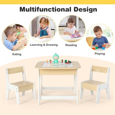 Costway 3 Pcs Kids Table and Chair Set Toddler Activity Writing Double-sized Tabletop - 9