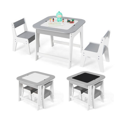 Costway 3 Pcs Kids Table and Chair Set Toddler Activity Writing Double sized Tabletop