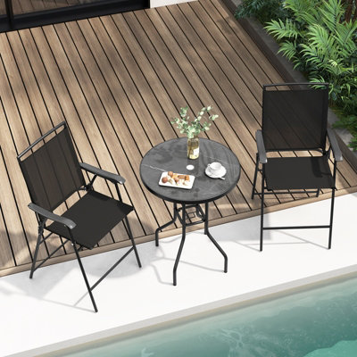 Costway 3 PCS Outdoor Bar Stool Set w/ Umbrella Hole Patio Bistro Table & 2 Folding Chairs
