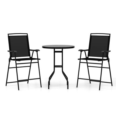 Costway 3 PCS Outdoor Bar Stool Set w/ Umbrella Hole Patio Bistro Table & 2 Folding Chairs