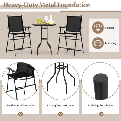 Costway 3 PCS Outdoor Bar Stool Set w/ Umbrella Hole Patio Bistro Table & 2 Folding Chairs