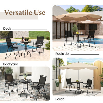 Costway 3 PCS Outdoor Bar Stool Set w/ Umbrella Hole Patio Bistro Table & 2 Folding Chairs