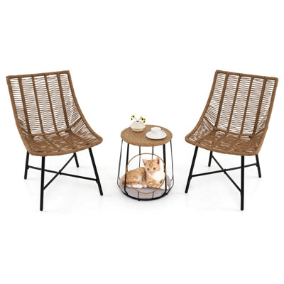 COSTWAY 3 Pcs Outdoor Bistro Set with Pet House Metal Frame Patio Chairs w/ Coffee Table