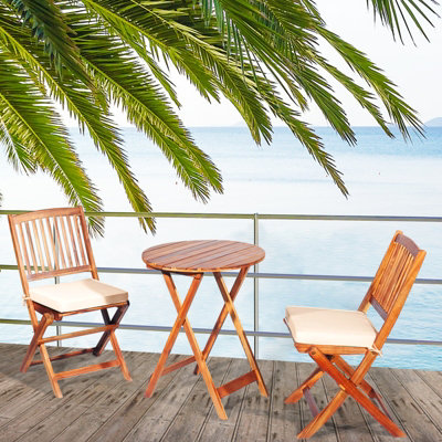 Acacia Wood Bistro Set - 3 Piece Folding Patio Set With Coffee Table & 2 Chairs | Brown Stained Outdoor Furniture For Balcony, Garden