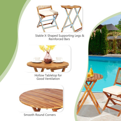 Costway 3 PCS Outdoor Folding Bistro Set Home Garden Chair and Table Set W/ Cushions - 8