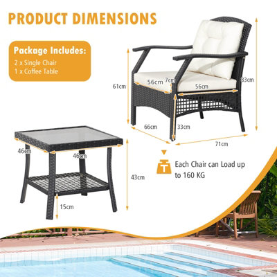 Costway 3 PCS Outdoor Furniture Set Modern Patio Rattan Chair Coffee Table Set