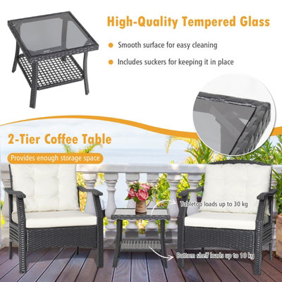 Costway 3 PCS Outdoor Furniture Set Modern Patio Rattan Chair Coffee Table Set