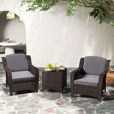 Costway 3 Pcs Outdoor Patio Furniture Set PE Rattan Wicker Chairs w/ Cushions & Coffee Table