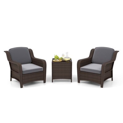 Costway 3 Pcs Outdoor Patio Furniture Set PE Rattan Wicker Chairs w/ Cushions & Coffee Table