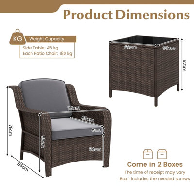 Costway 3 Pcs Outdoor Patio Furniture Set PE Rattan Wicker Chairs w/ Cushions & Coffee Table