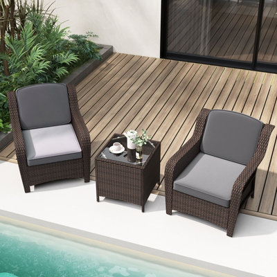 Costway 3 Pcs Outdoor Patio Furniture Set PE Rattan Wicker Chairs w/ Cushions & Coffee Table