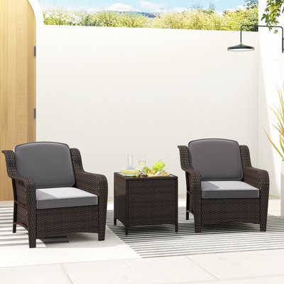 Costway 3 Pcs Outdoor Patio Furniture Set PE Rattan Wicker Chairs w/ Cushions & Coffee Table