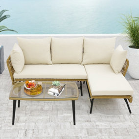 Costway 3 PCS Outdoor Wicker Furniture Set L-Shaped Patio Sofa w/ Cushions & Table
