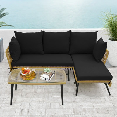 Costway 3 PCS Outdoor Wicker Furniture Set L-Shaped Patio Sofa w/ Cushions & Table