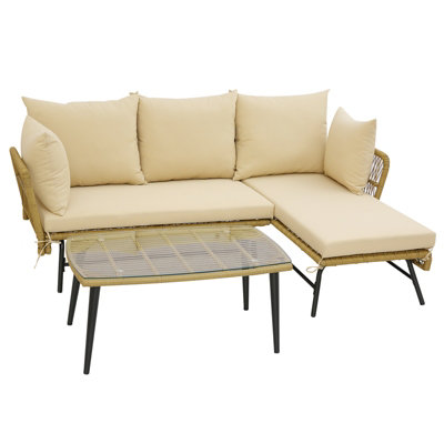 Costway 3 PCS Outdoor Wicker Furniture Set L-Shaped Patio Sofa w/ Cushions & Table
