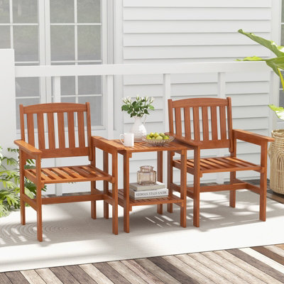 Costway 3 PCS Patio Bistro Table and Chairs Set Wood Outdoor Conversation Set w/ Umbrella Hole