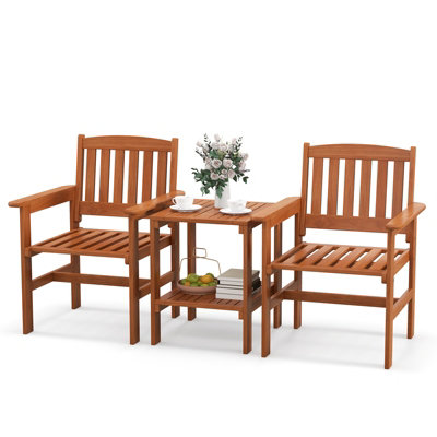 Costway 3 PCS Patio Bistro Table and Chairs Set Wood Outdoor Conversation Set w/ Umbrella Hole