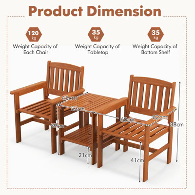 Costway 3 PCS Patio Bistro Table and Chairs Set Wood Outdoor Conversation Set w/ Umbrella Hole